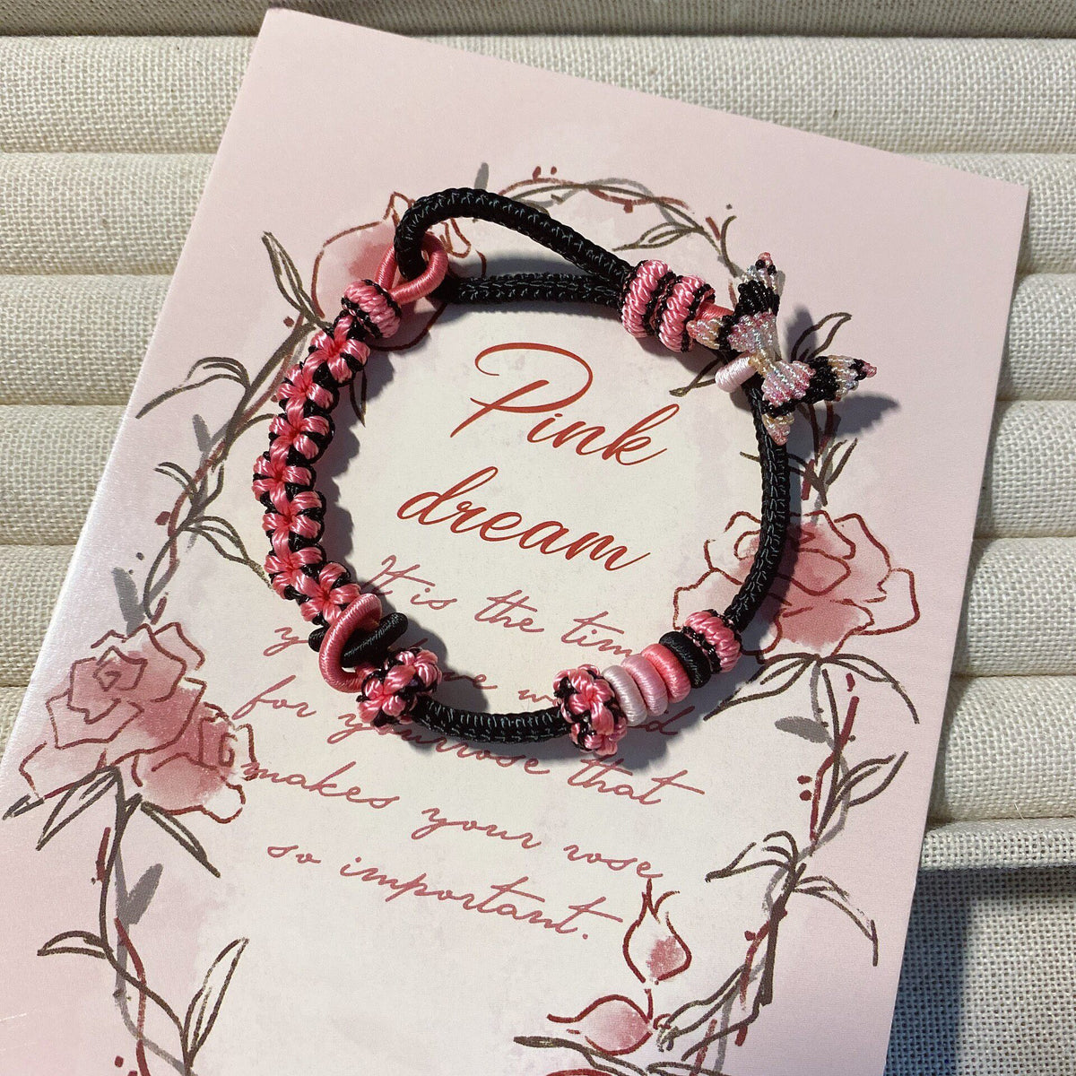 Handcrafted Woven Bracelet Black Pink Butterfly