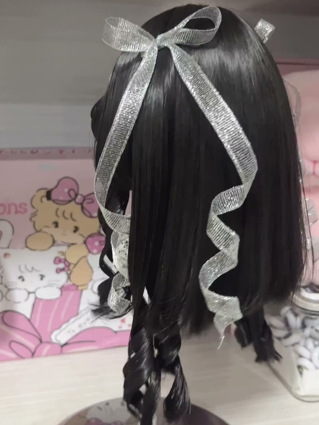 Doll Wig Black Curly Silver Ribbons