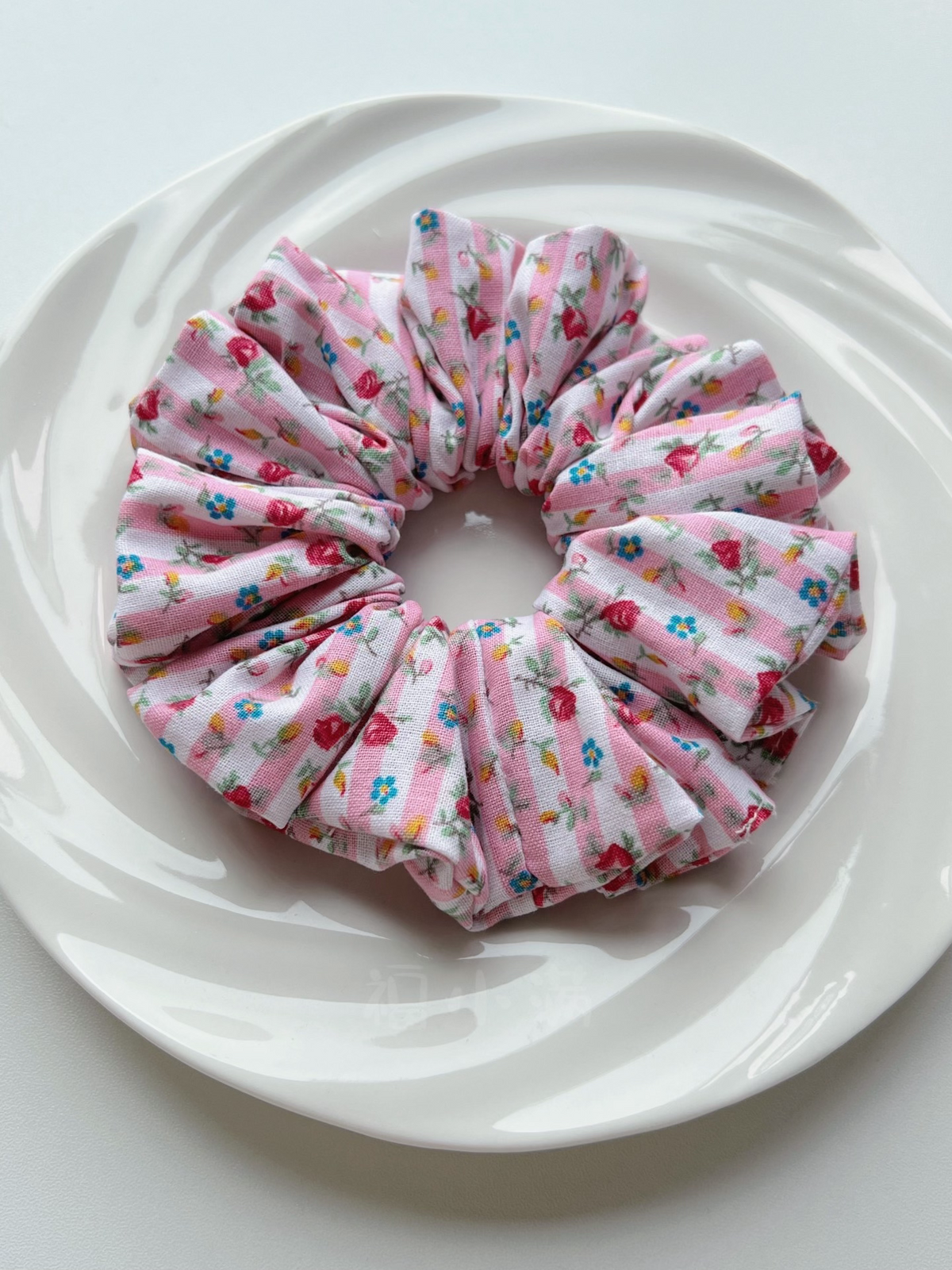 Pink Rose Stripe Floral Hair Scrunchie