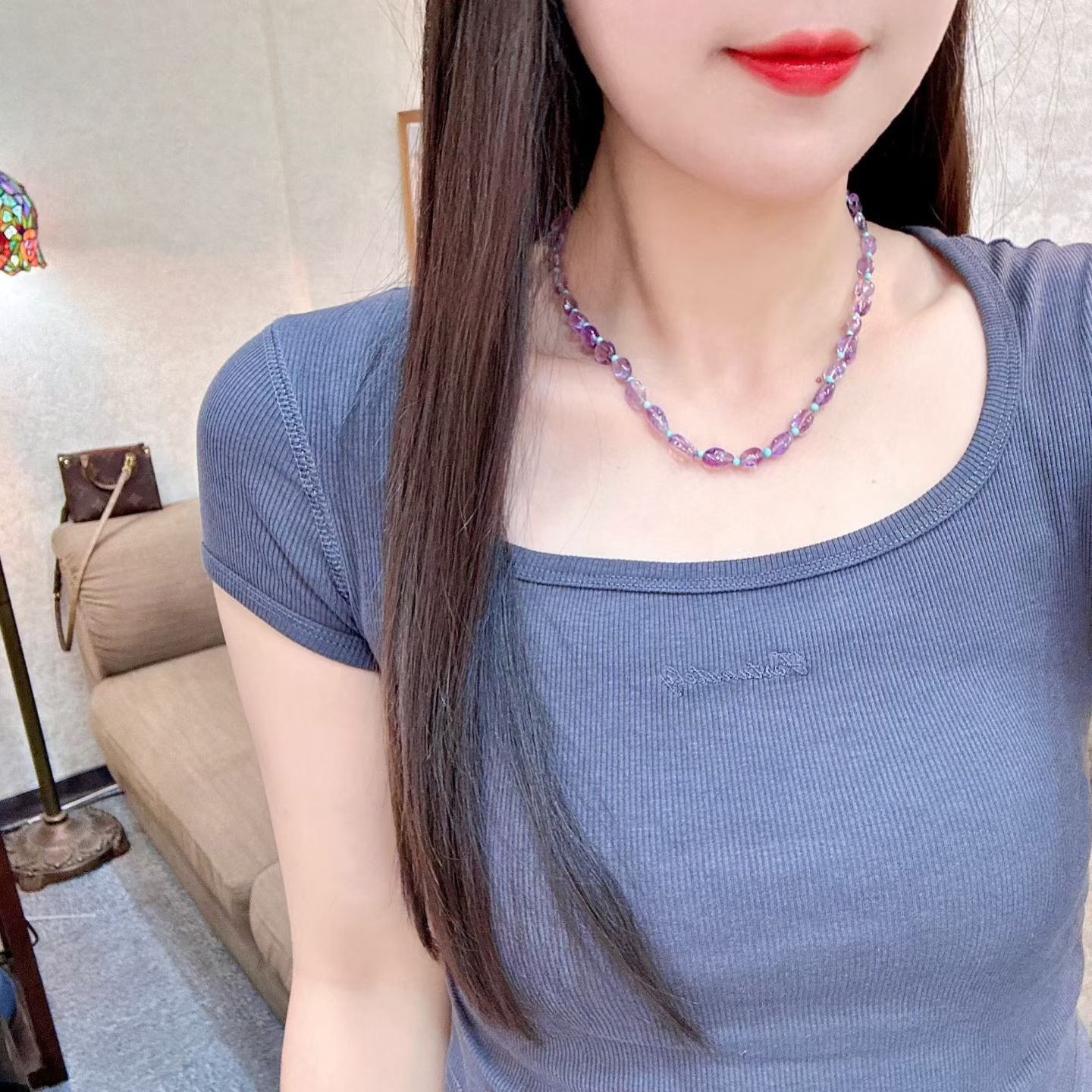 Freeform Amethyst and Turquoise Bead Necklace, 44cm