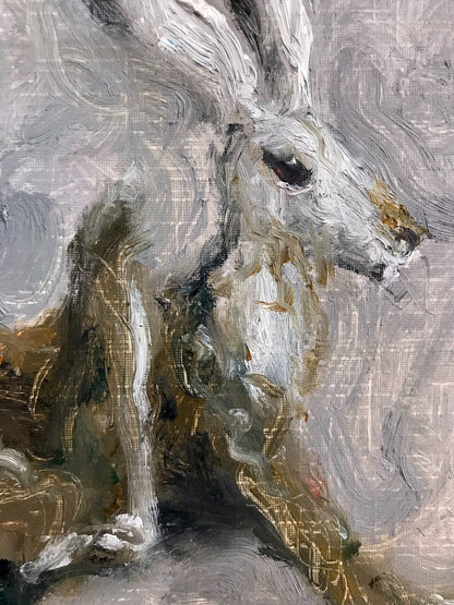 Hand-Painted Rabbit Oil Painting in Wooden Frame