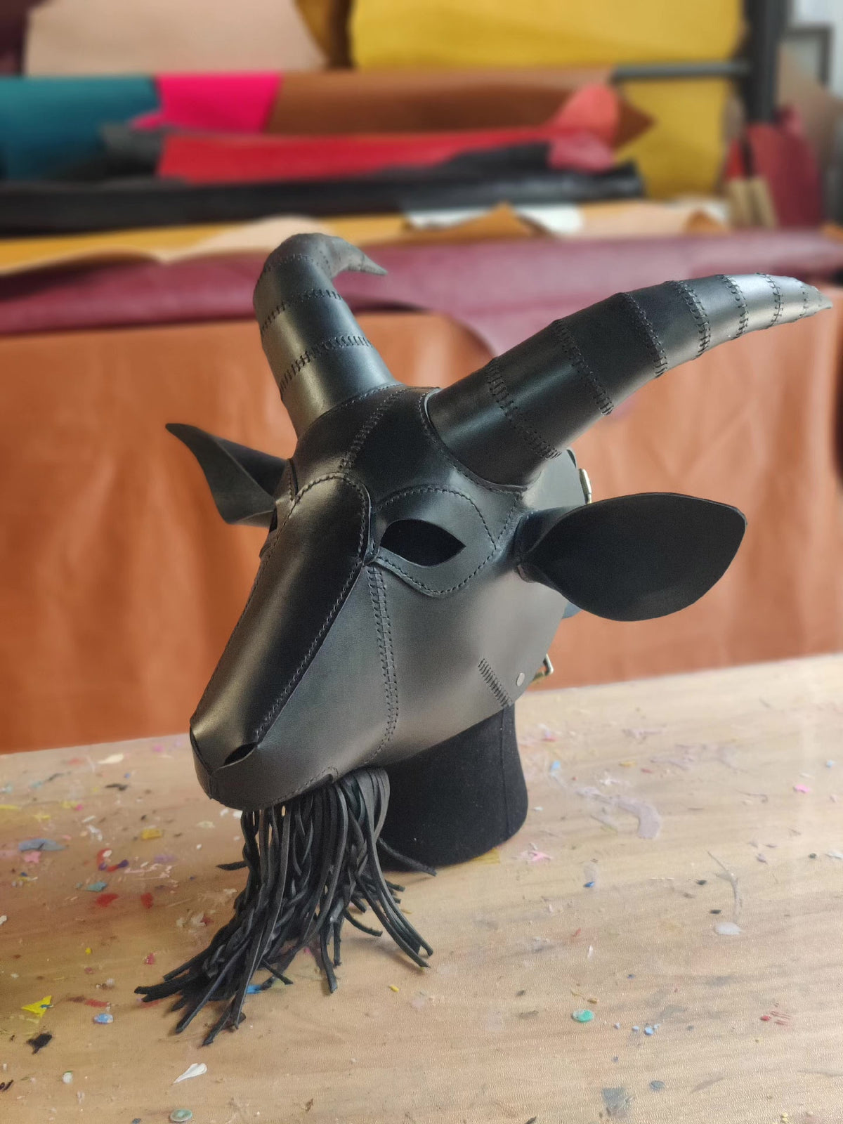 Black Leather Goat Mask Handcrafted Cowhide