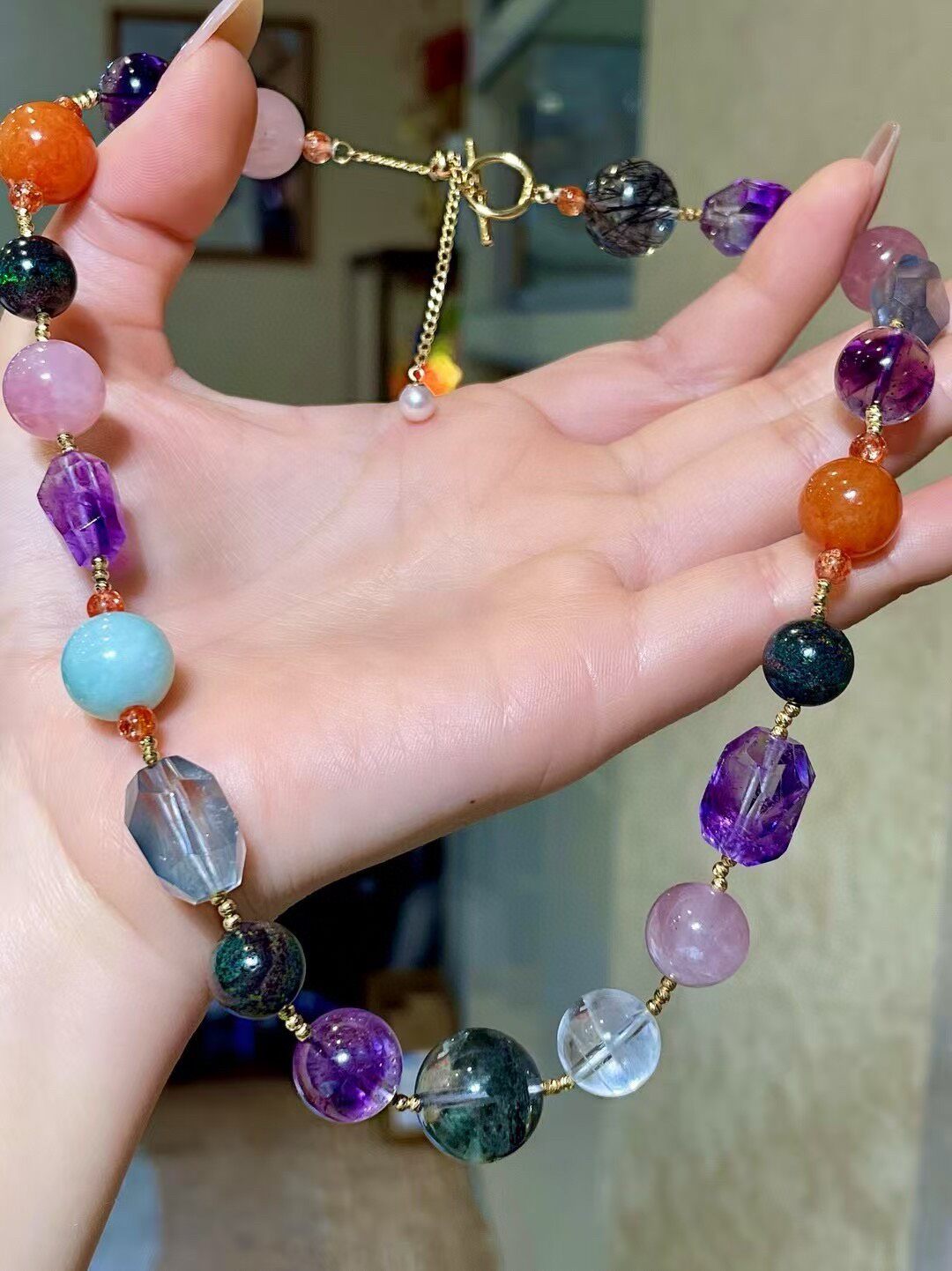 Multi-Gemstone Beaded Necklace with Green Phantom Centerpiece