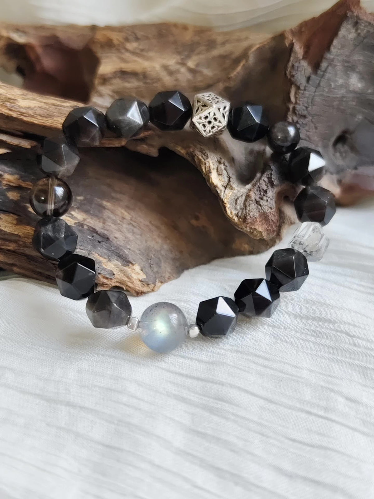 Diamond Cut Black Obsidian Beaded Bracelet