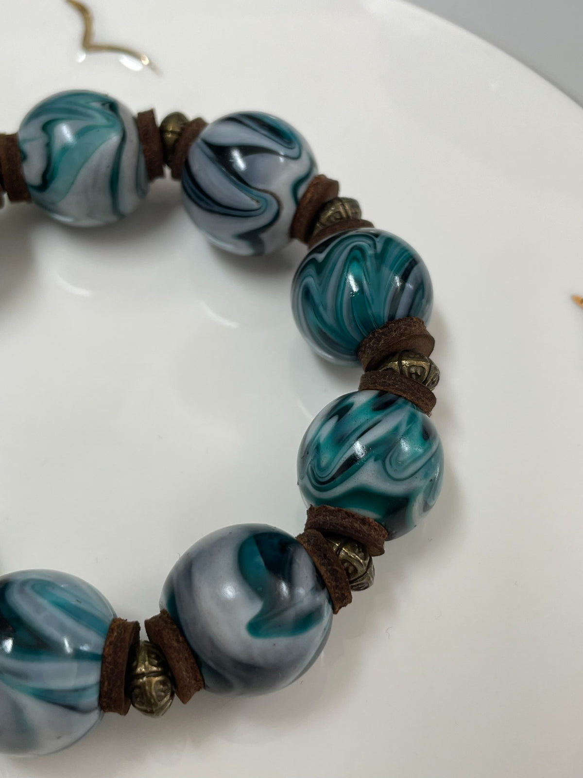 Antique Glass Bead Bracelet with Leather Spacers