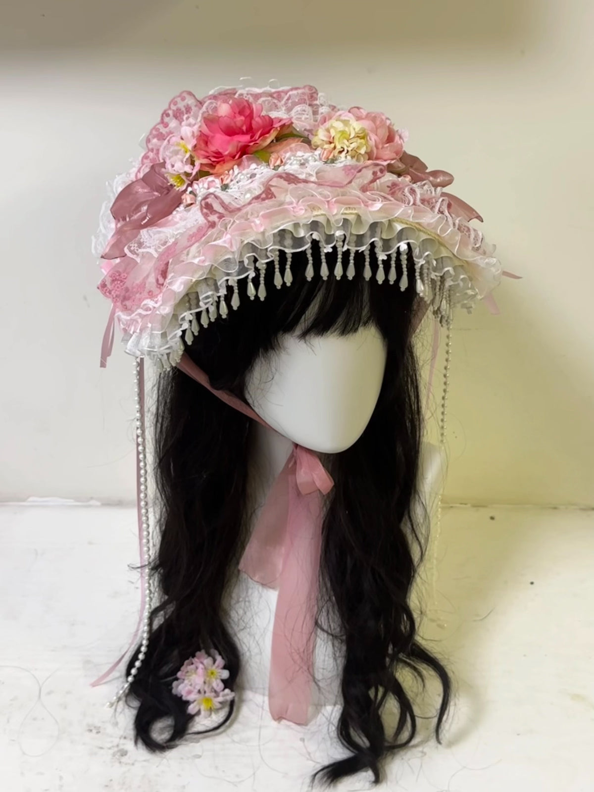 Pink Floral Lace Bonnet with Beaded Trim