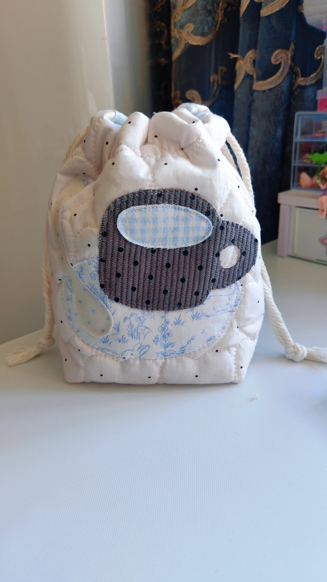 Quilted Drawstring Pouch with Coffee Cup Applique