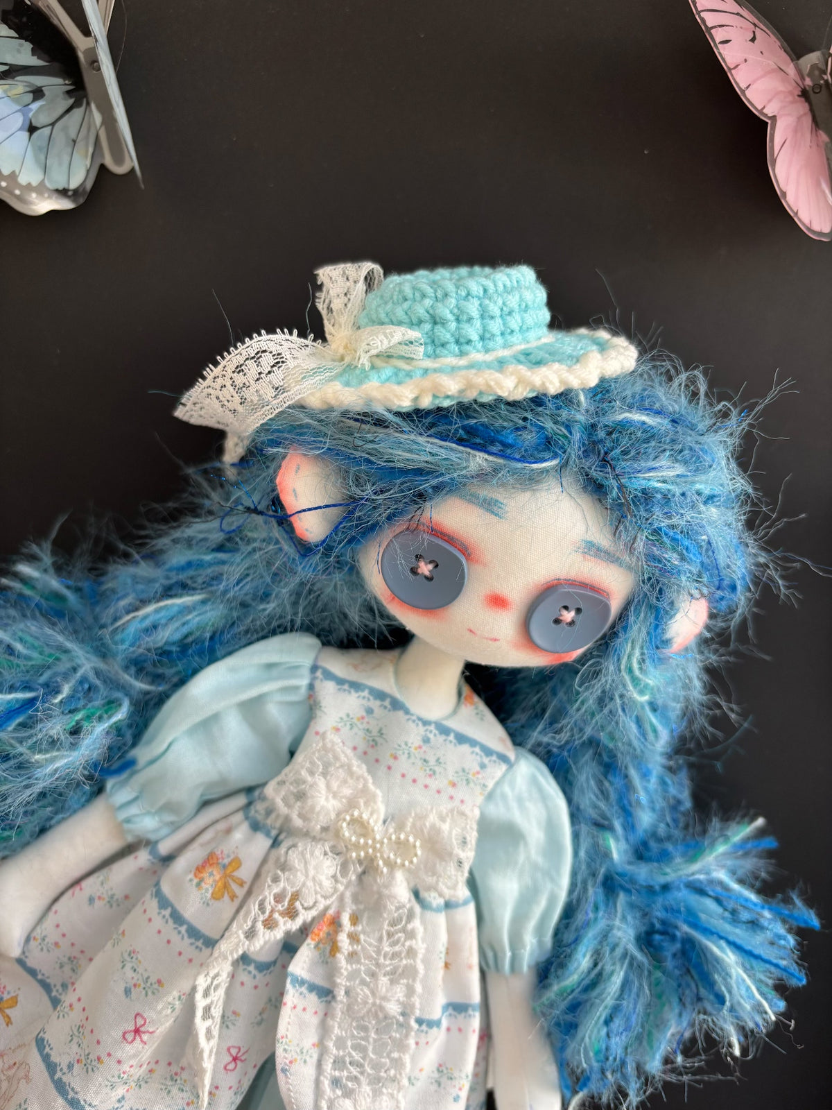 Boneca de Arte Feita à Mão Cabelo Azul 31cm