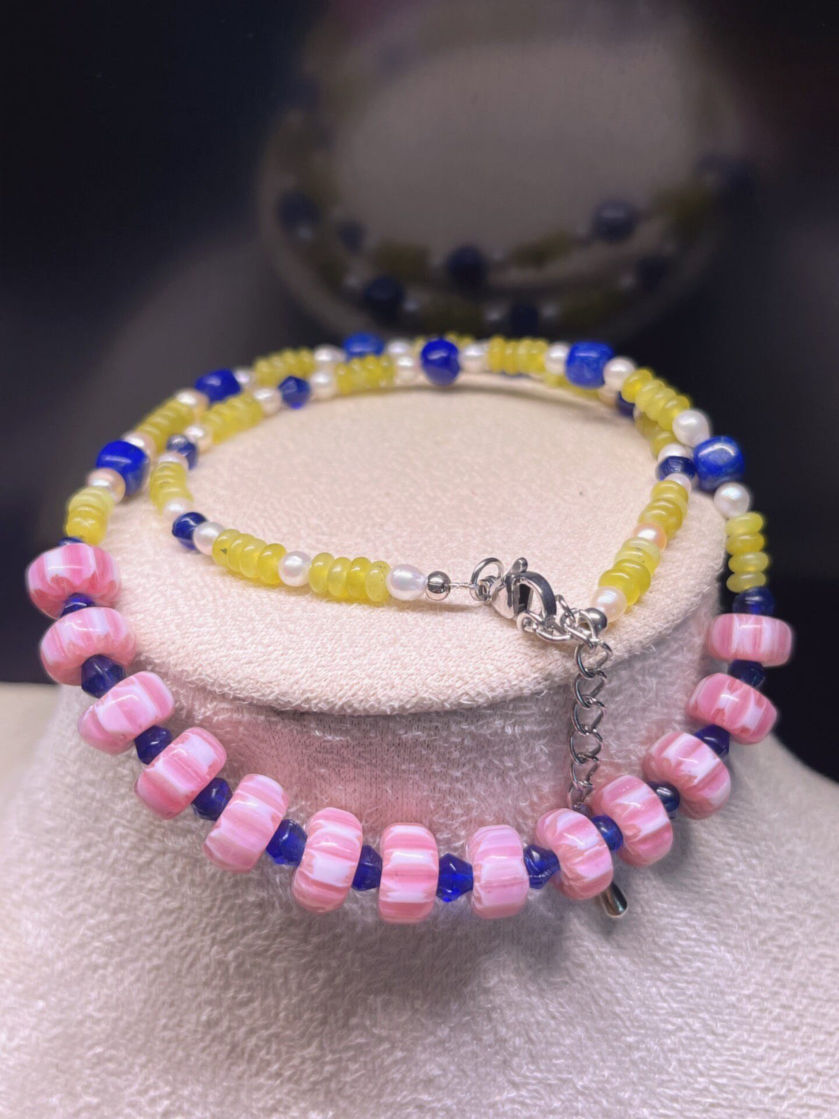 Beaded Chevron Glass Necklace with Pearls
