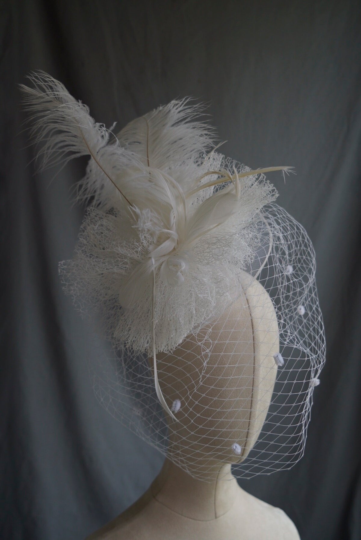 White Ostrich Feather Fascinator Headpiece with Veil