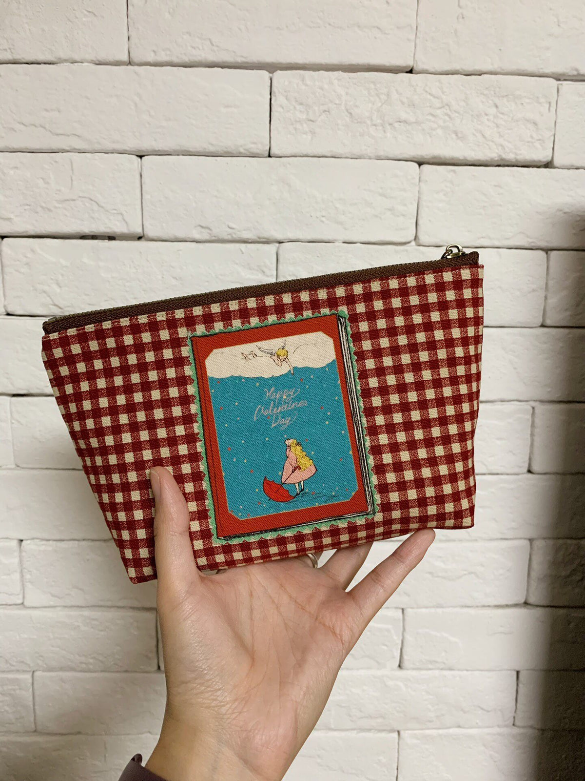 Handmade Gingham Pencil Pouch with Applique