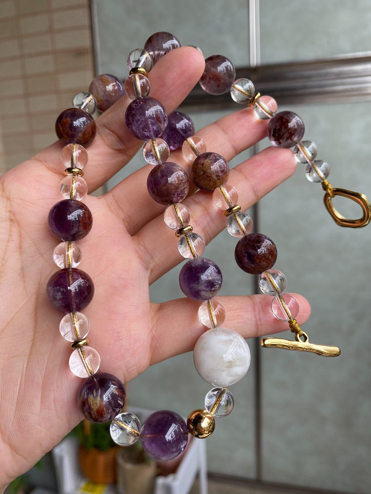 Purple White Phantom Quartz Crystal Beaded Necklace