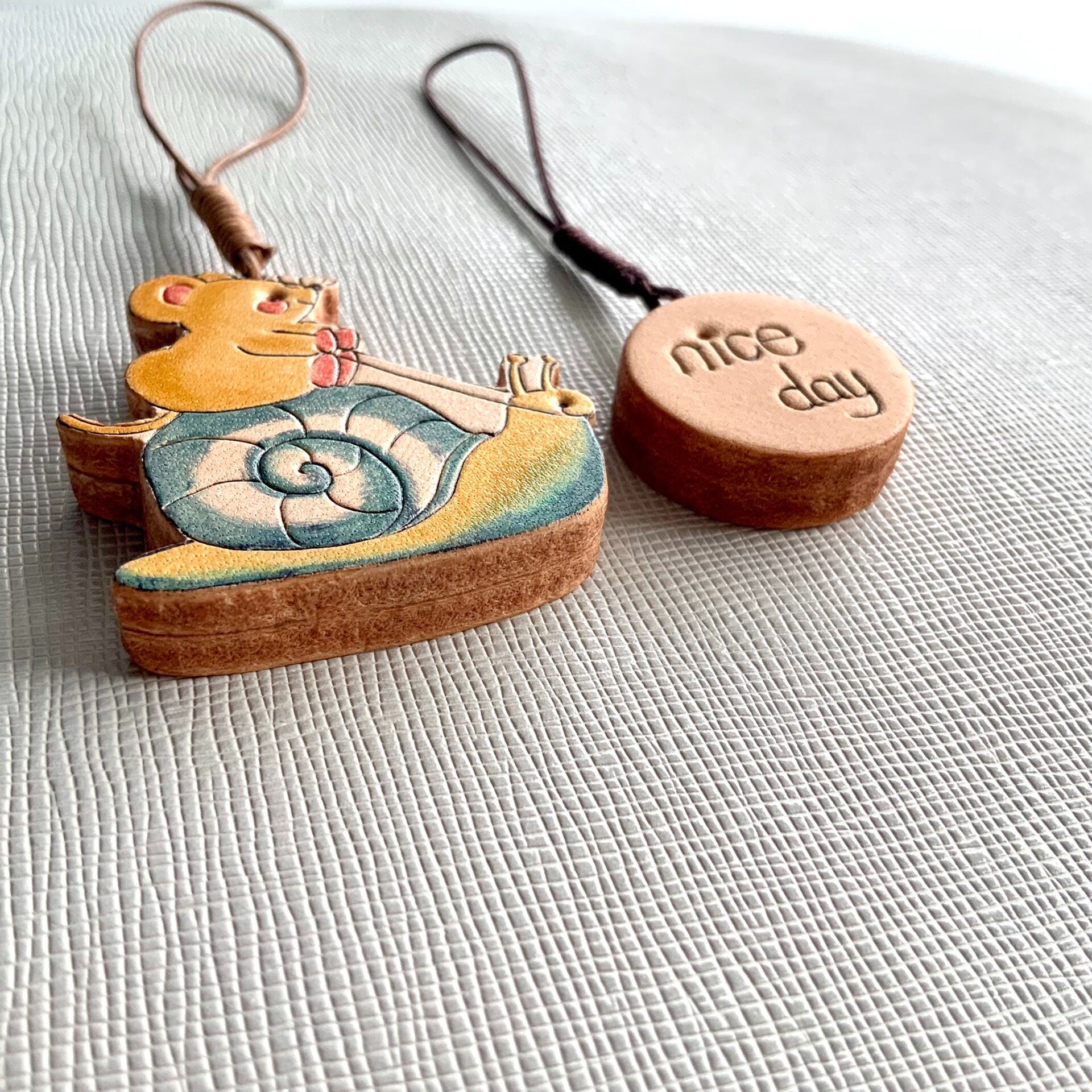 Hand-Carved Leather Mouse on Snail Pendant with Cheese Charm