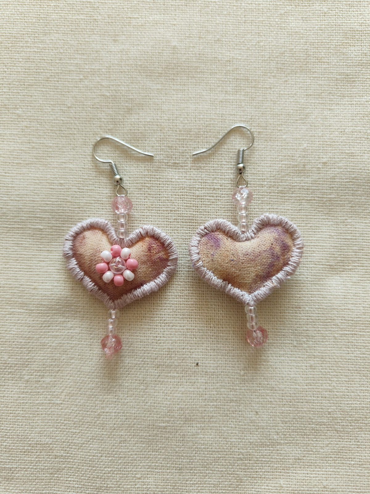 Handmade Fabric Earrings Pink Beaded Fringe