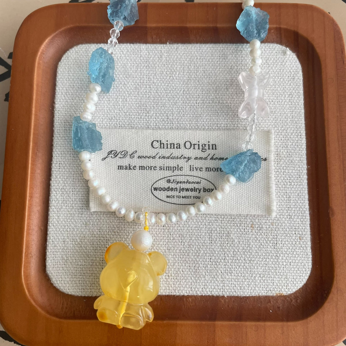 Amber Bear Pearl Aquamarine Necklace