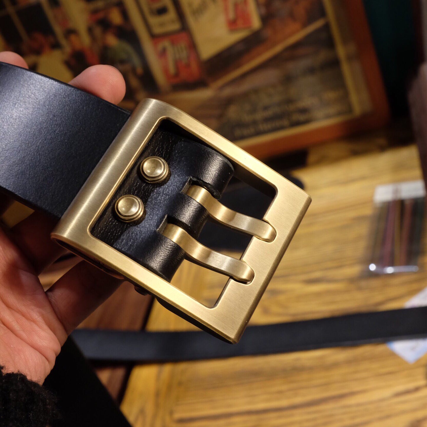 45mm Black Leather Belt with Brass Buckle and Engraved Number