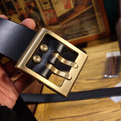 45mm Black Leather Belt with Brass Buckle and Engraved Number