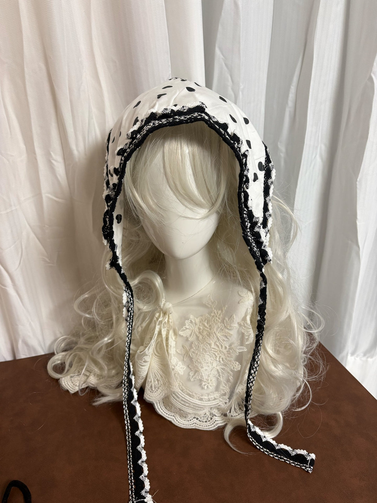 リバーシブル 白黒ハート柄 ヘッドスカーフ ボンネット