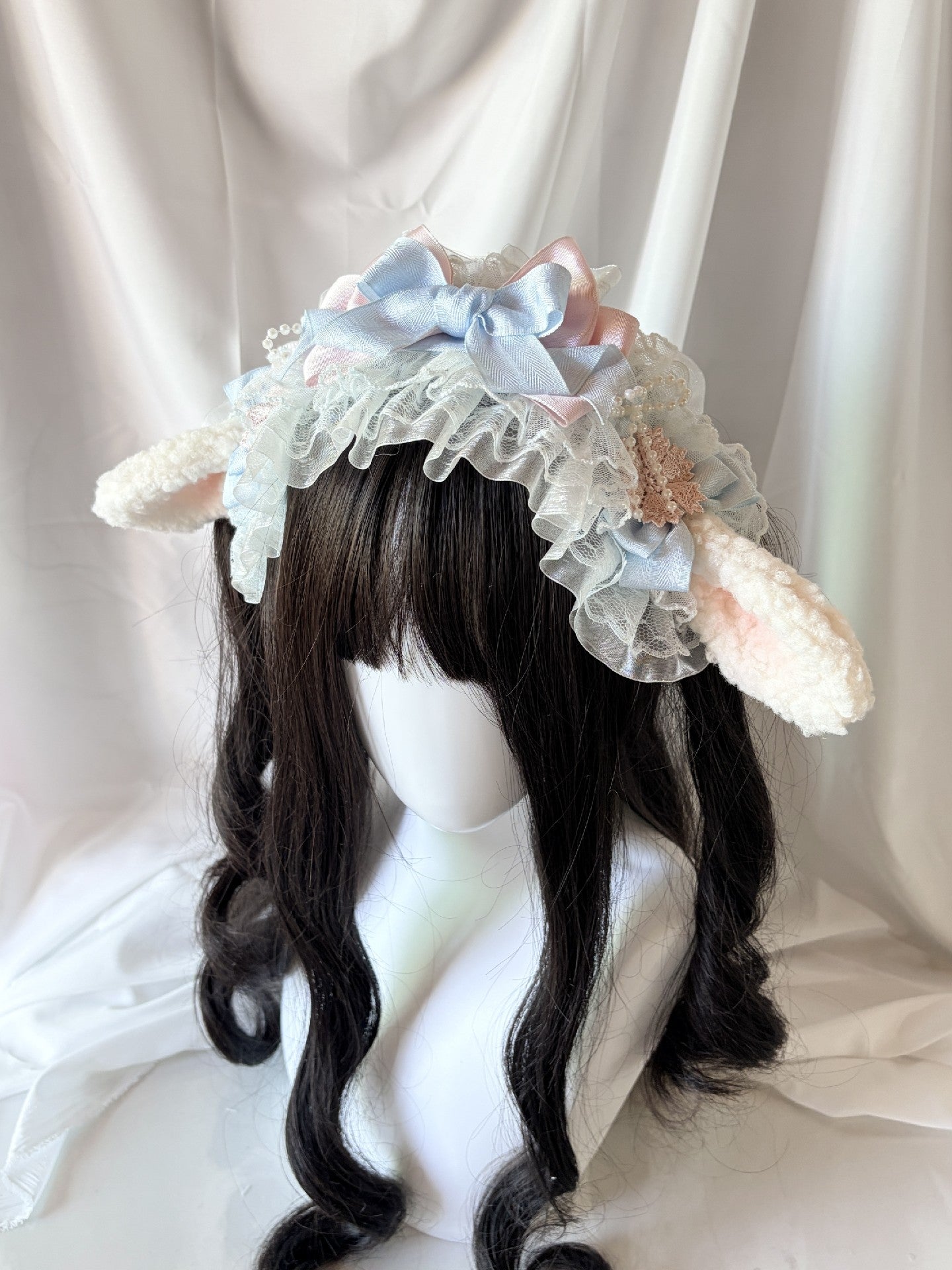 Lolita Plush Ear Headband with Lace and Satin Bow