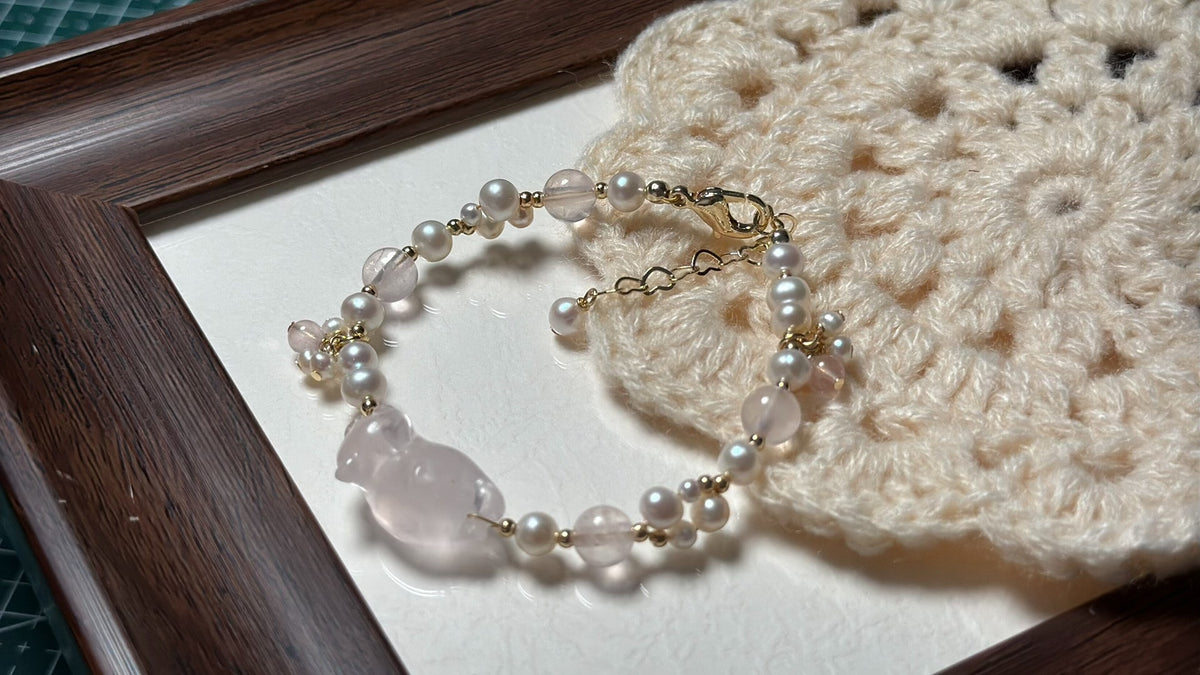 Handmade Rose Quartz Cat Pearl Woven Bracelet
