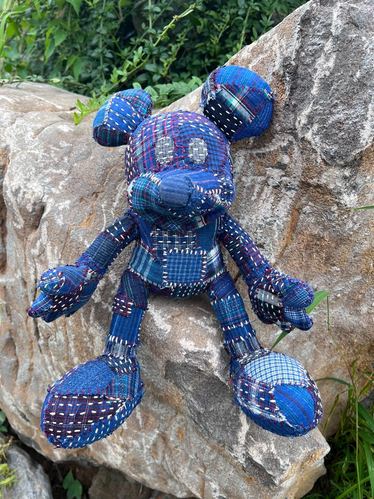 Patchwork Blue Plush Bear Toy 35cm