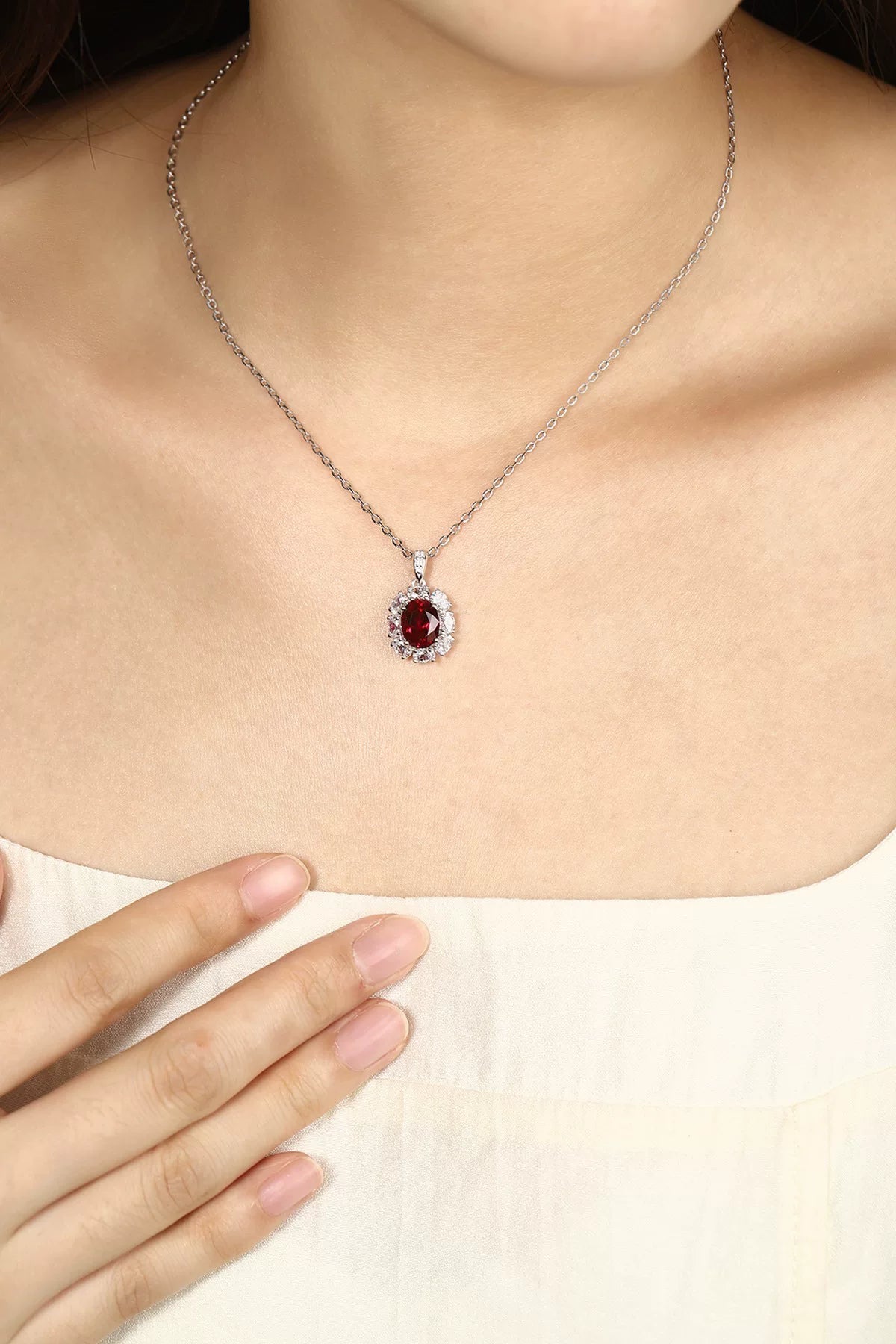 Lab Grown Ruby Halo S925 Silver Necklace