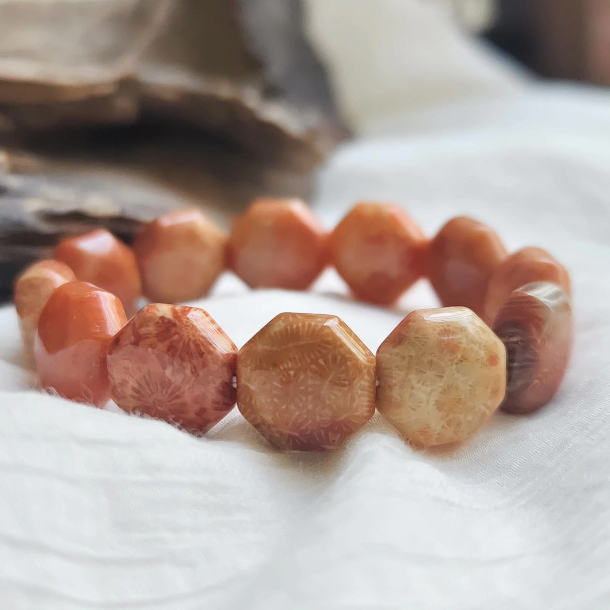 Chrysanthemum Coral Jade Hexagonal Bead Bracelet