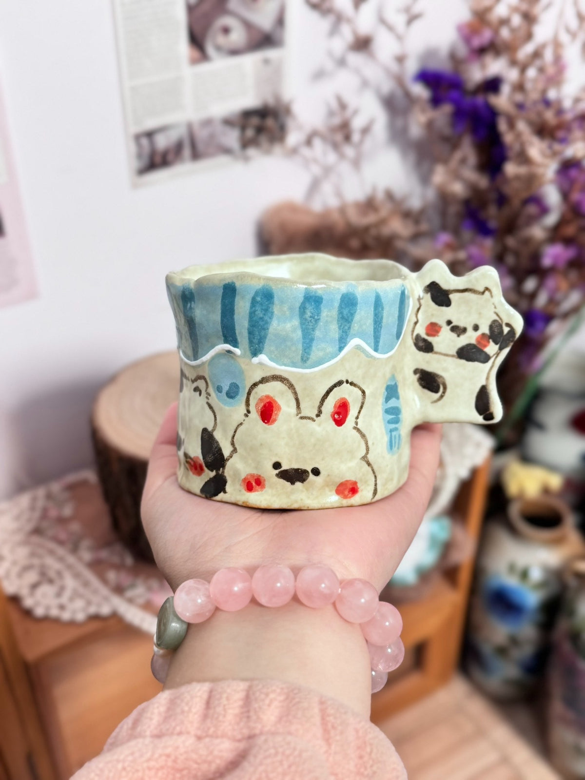 Handcrafted Ceramic Coffee Cup with Cat Handle