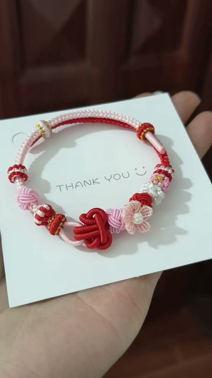 ハンドメイド 赤×ピンク 編みコードブレスレット