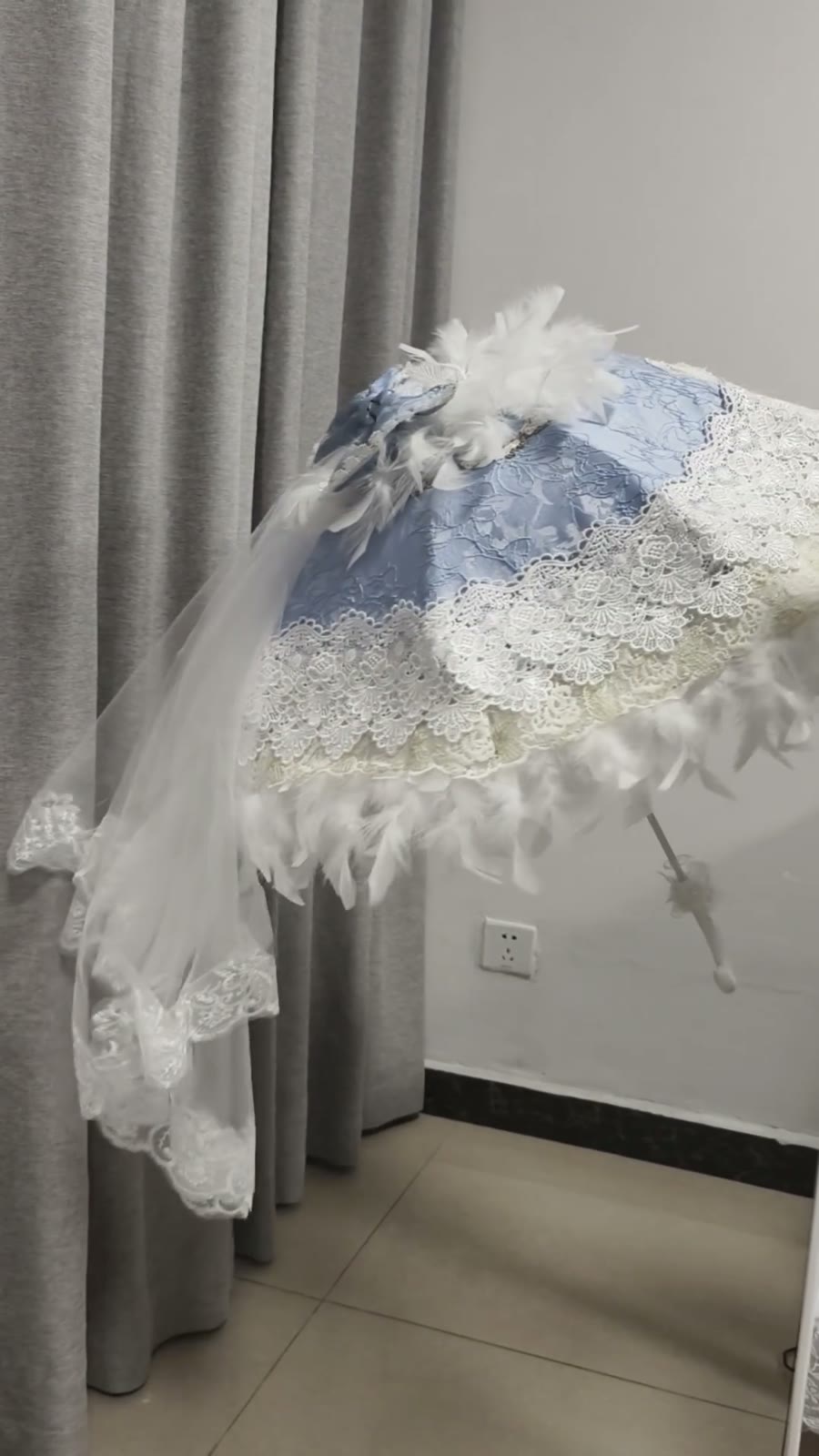 Light Blue Lolita Lace Feather Umbrella