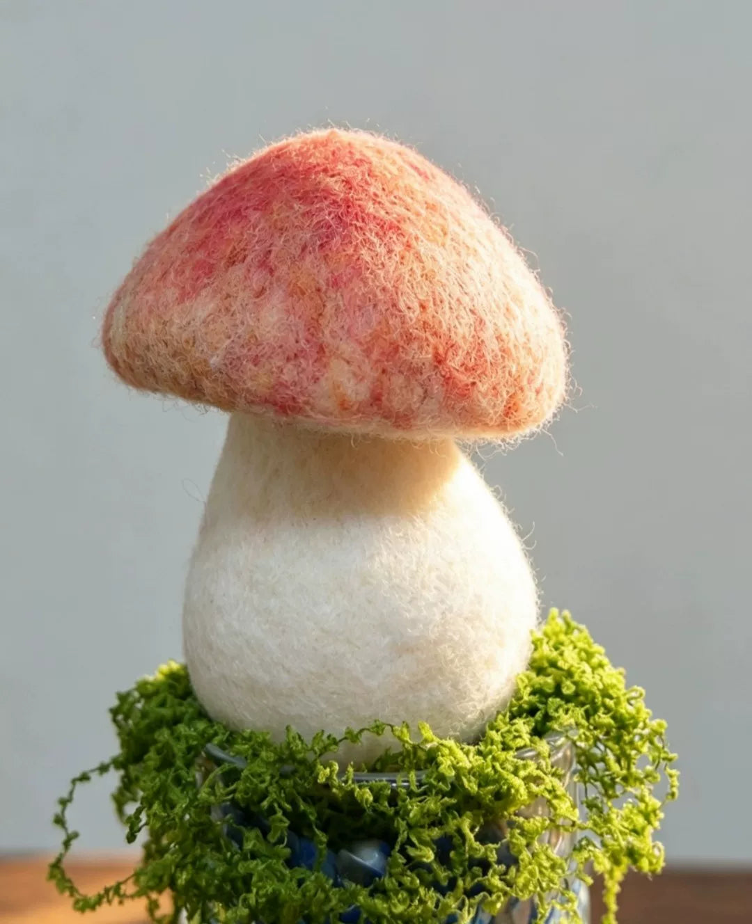 Needle Felted Mushroom Sculpture in Glass Base
