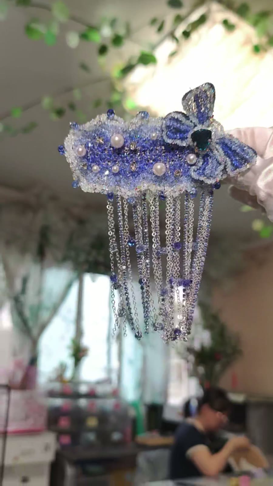 Blue Butterfly Beaded Tassel Hair Clip