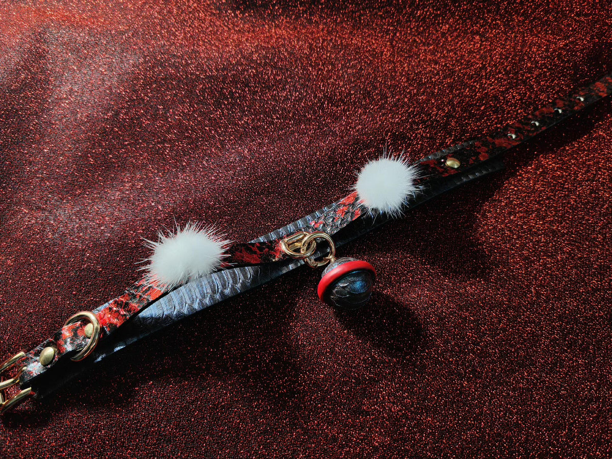 Snake Skin Bell Collar with Pom Poms