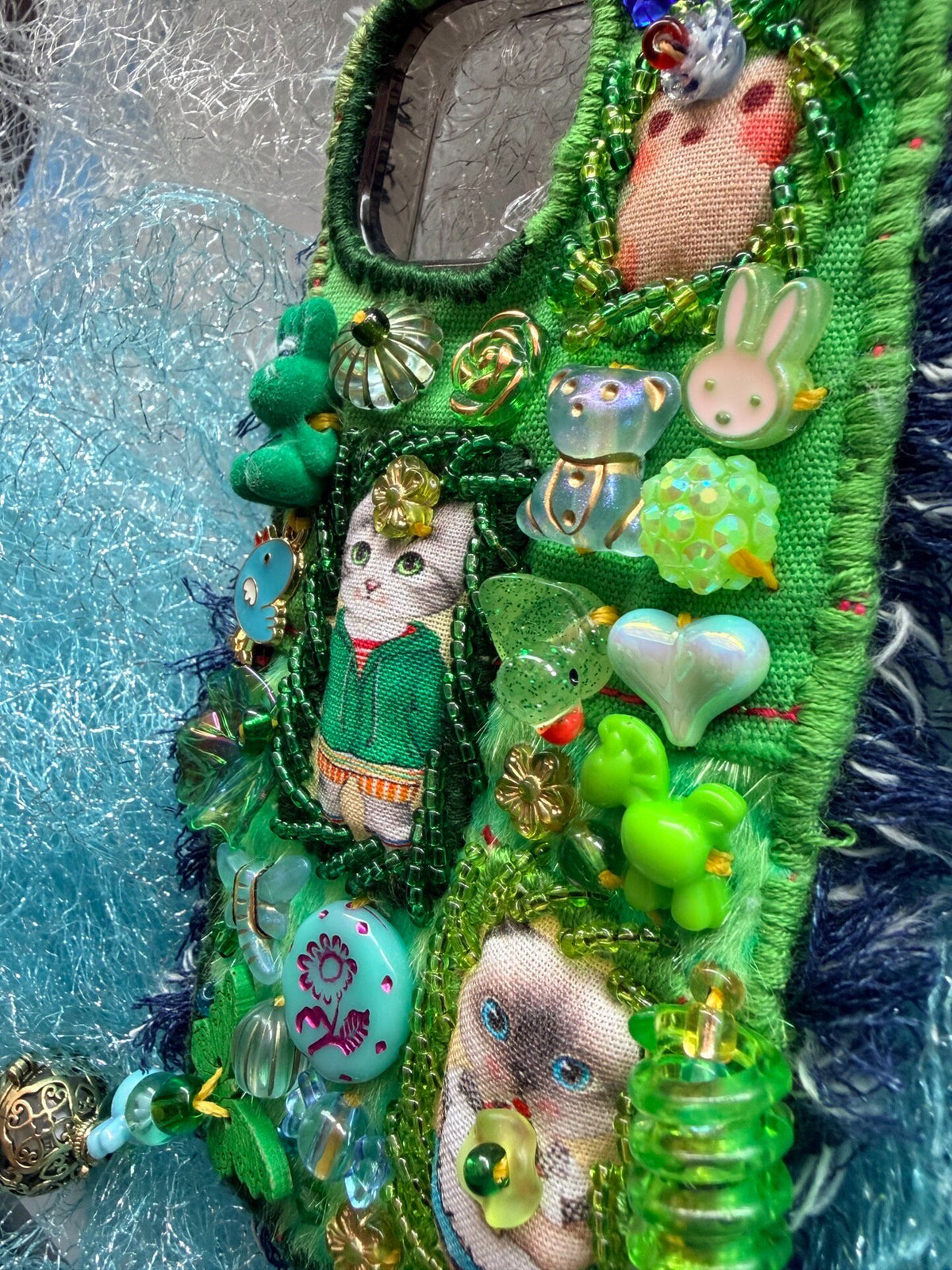 Forest Green Patchwork Beaded Cat Phone Case