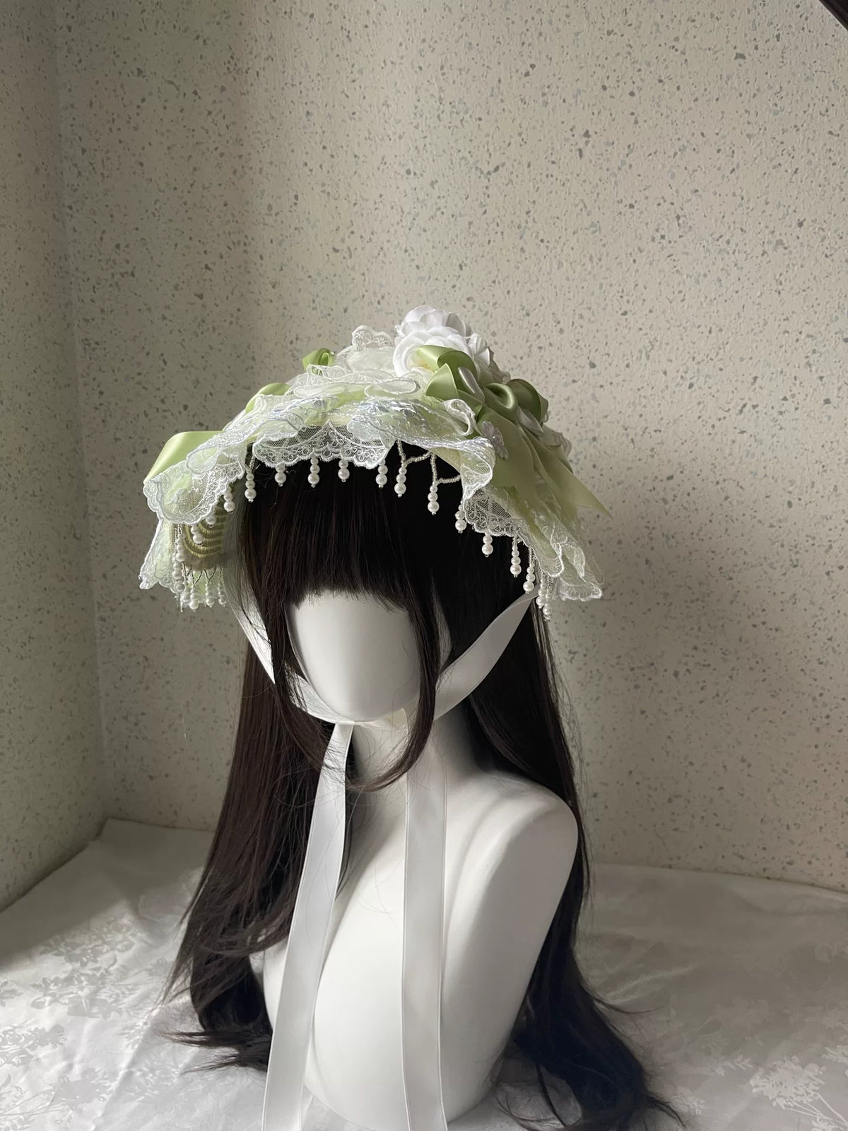 Handgefertigte grüne Spitzen-Lolita Flat Bonnet