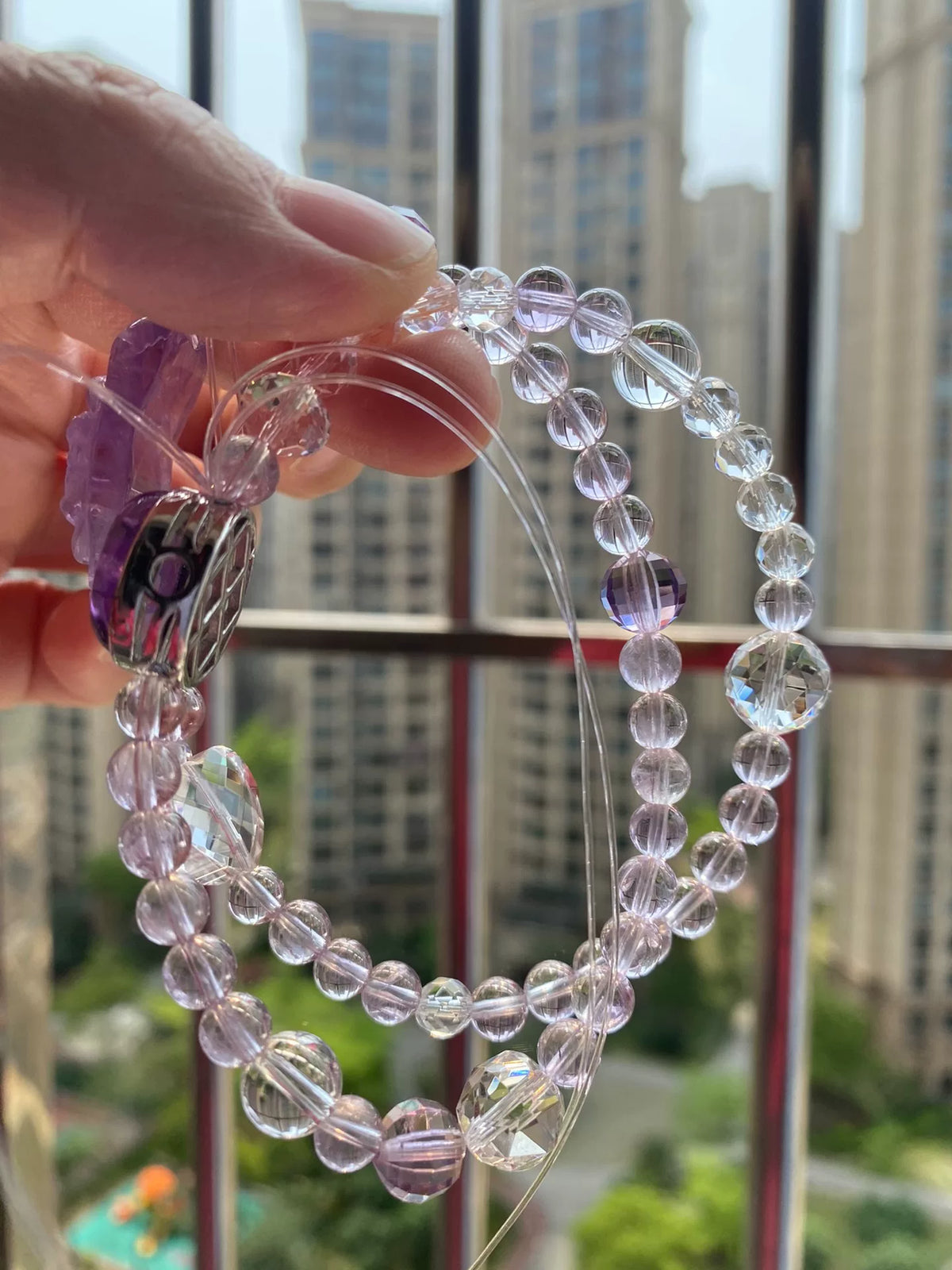 Bracciale a doppio avvolgimento in ametista e cristallo con ciondolo volpe