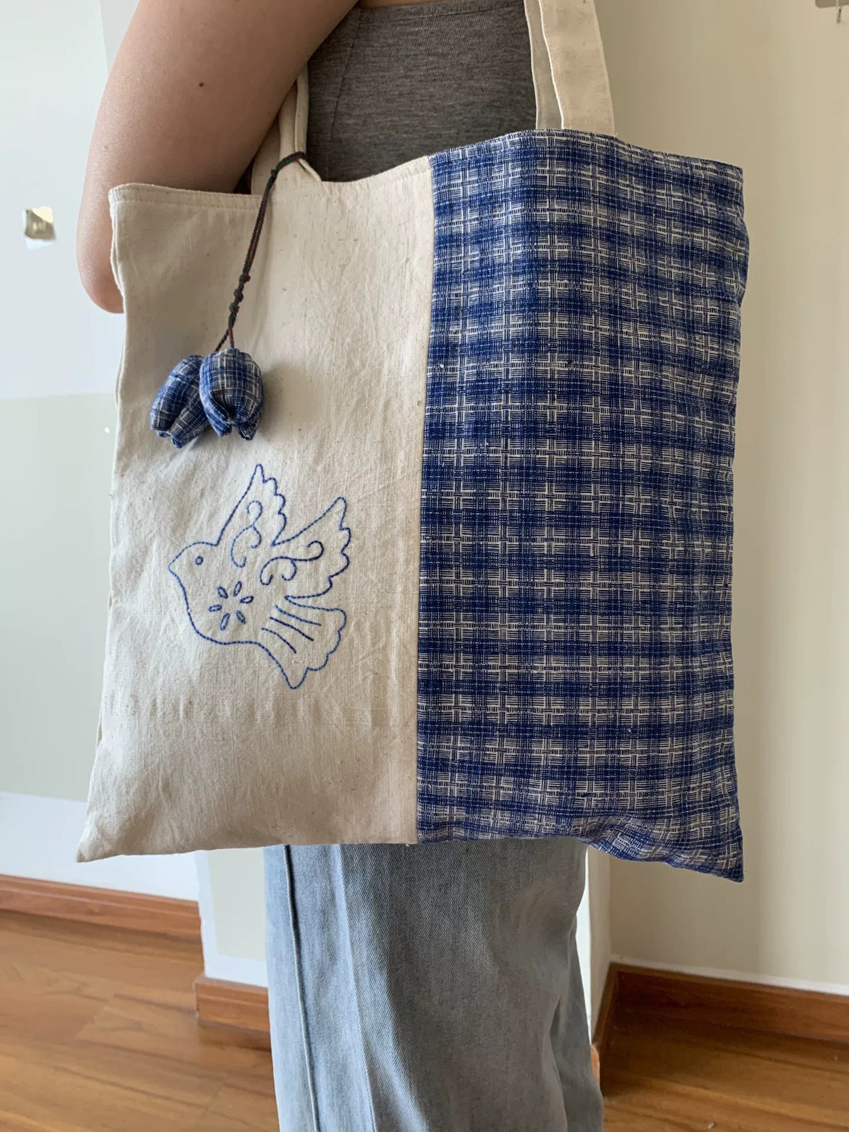 Handmade Woven Cotton Tote Bag Blue Checkered Bird Embroidery