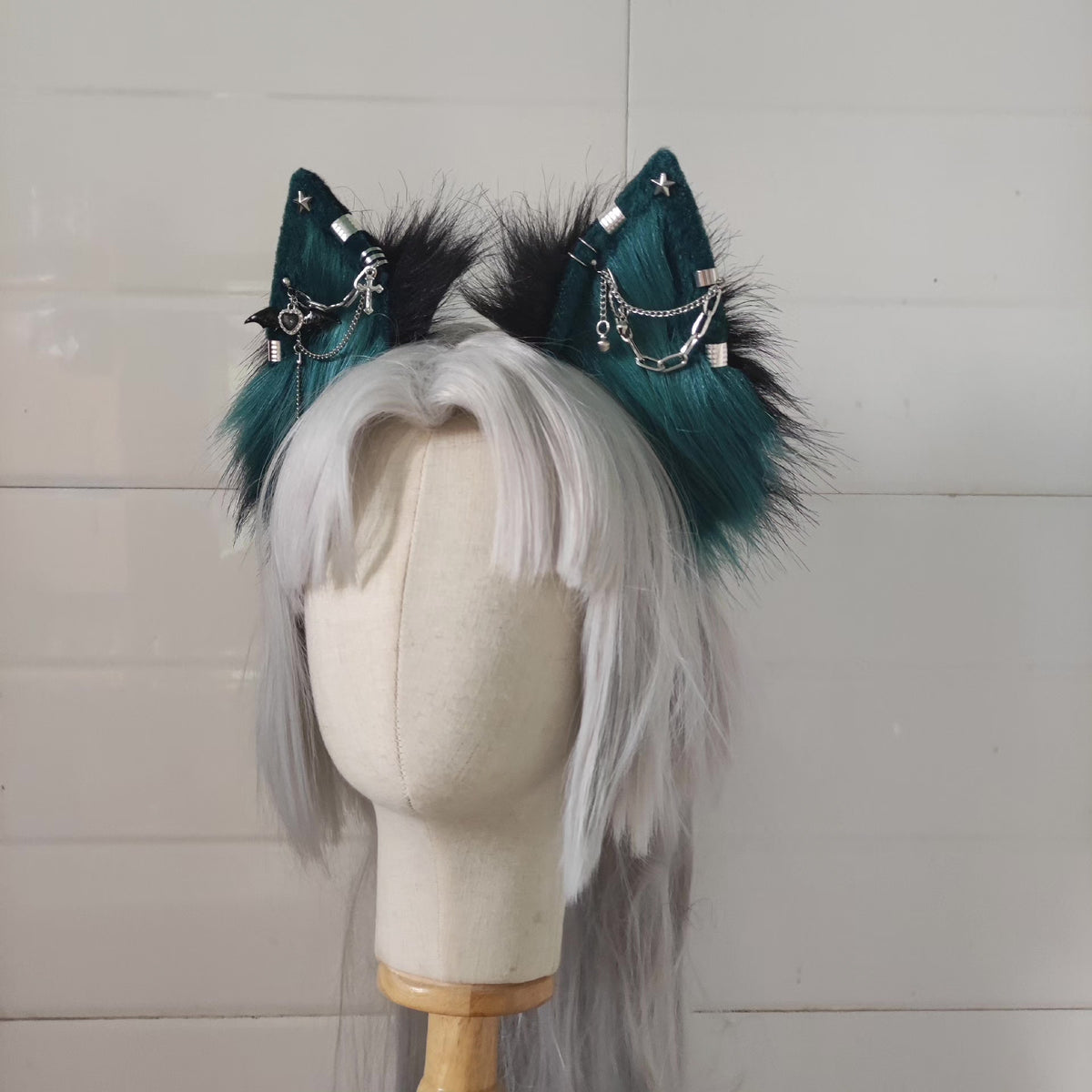 Teal Faux Fur Cat Ears Gothic Chains