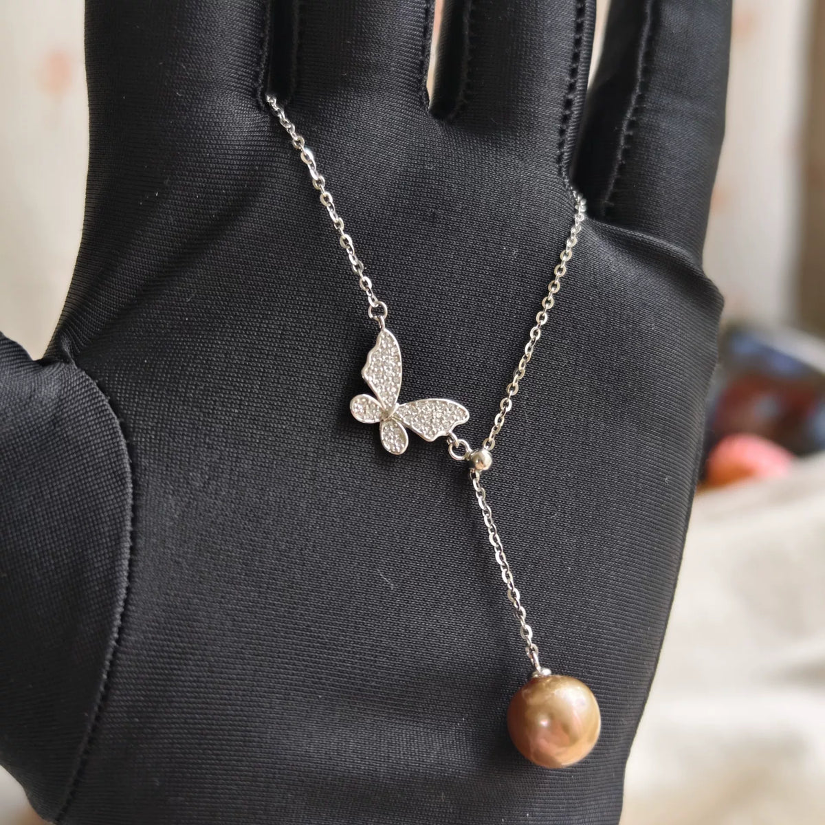 Sterlingsilber Schmetterling-Perle-Lariat-Kette