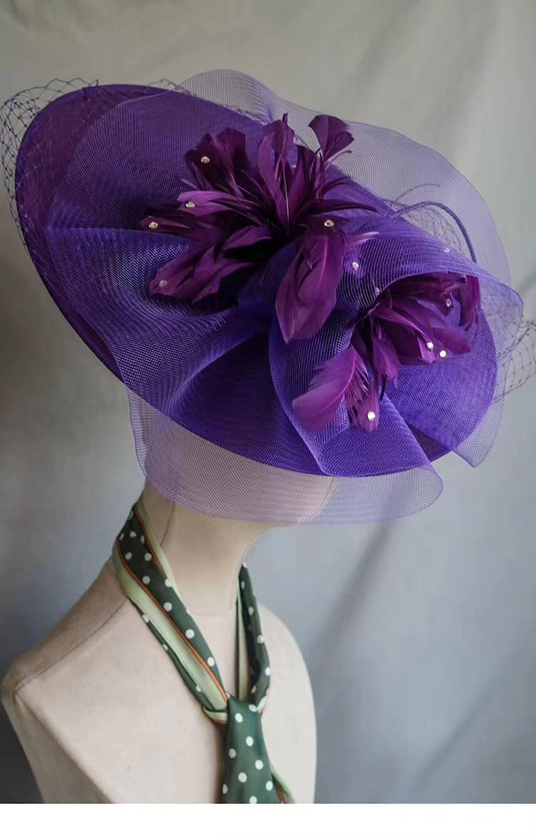 Purple Mesh Feather Fascinator Hat
