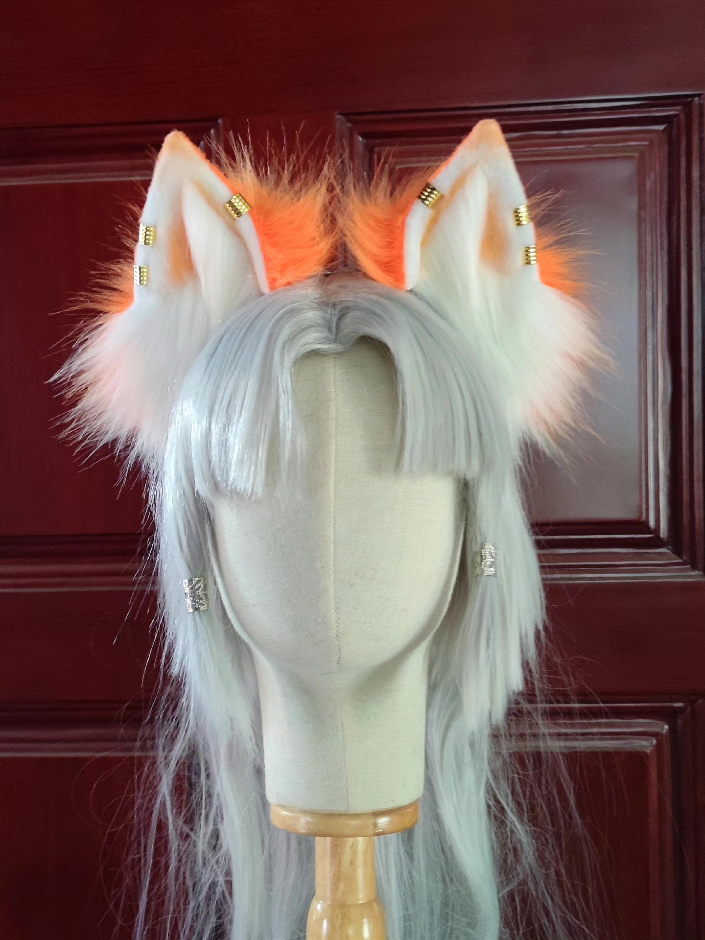 Orange Cat Ear Headband with White Tips and Metallic Studs