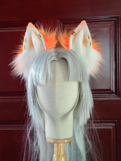Orange Cat Ear Headband with White Tips and Metallic Studs