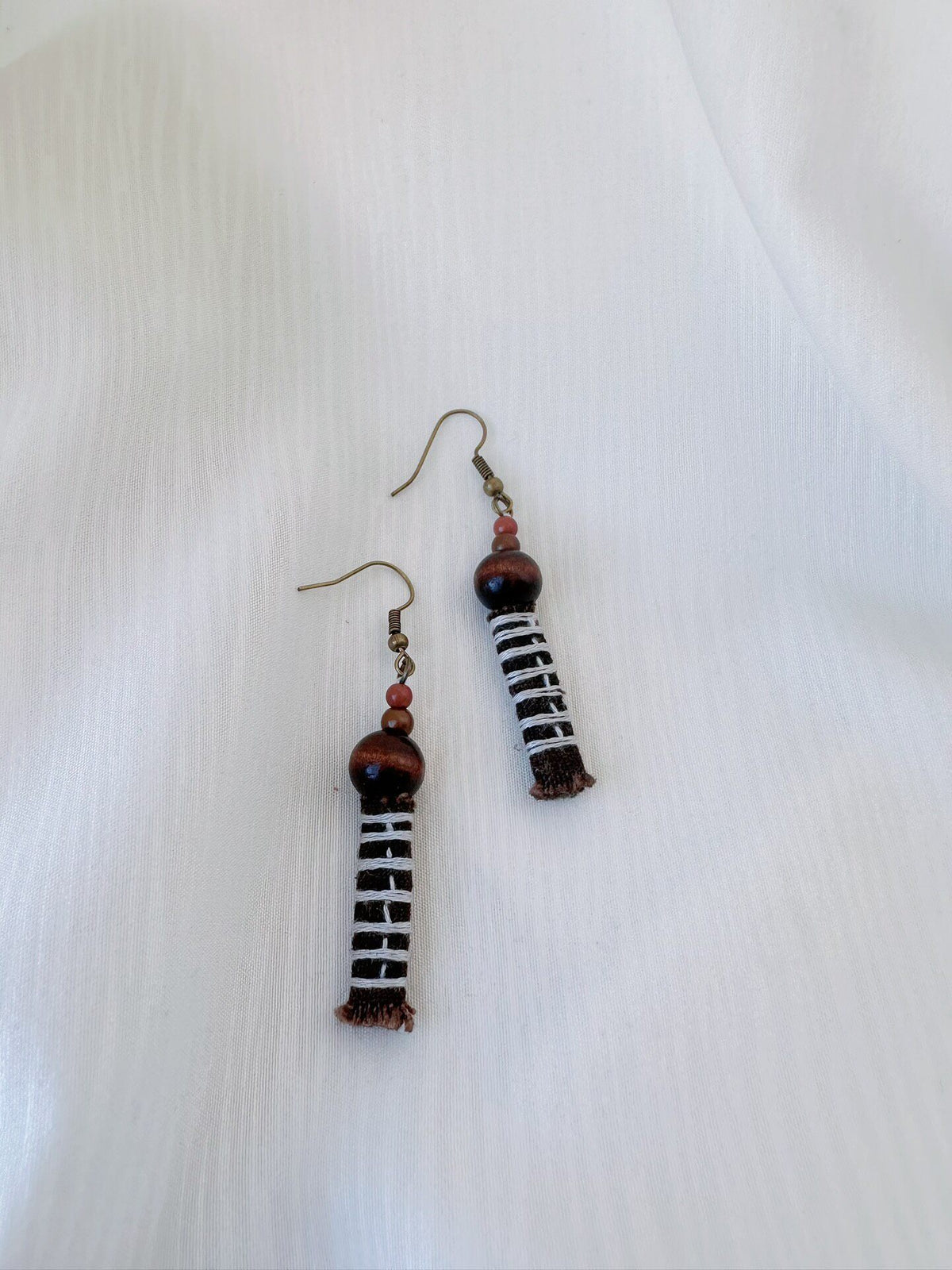 Handmade Fabric Tassel Earrings Wood Bead