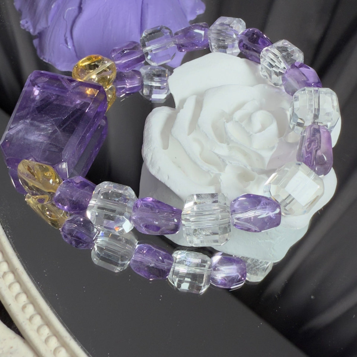Pulseira de Contas de Ametista, Citrino e Quartzo Transparente Cube