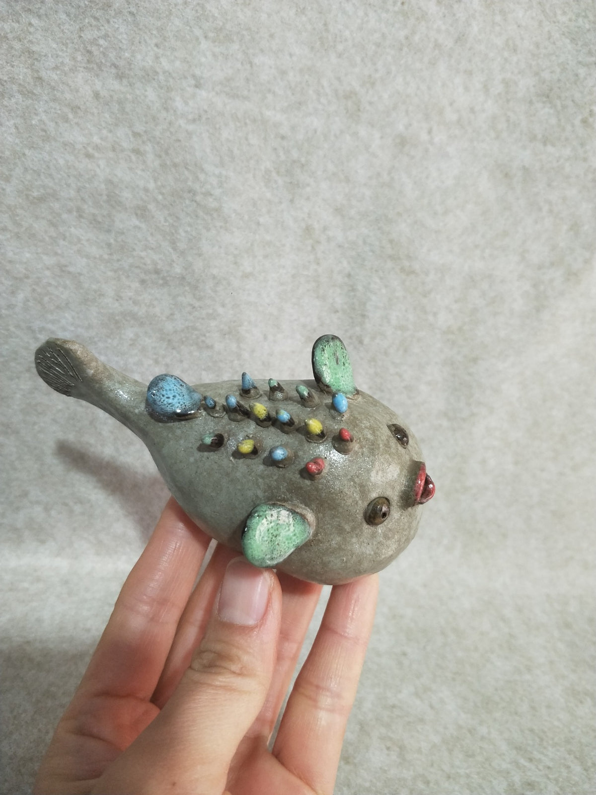 Ceramic Pufferfish Figurine Speckled Glaze