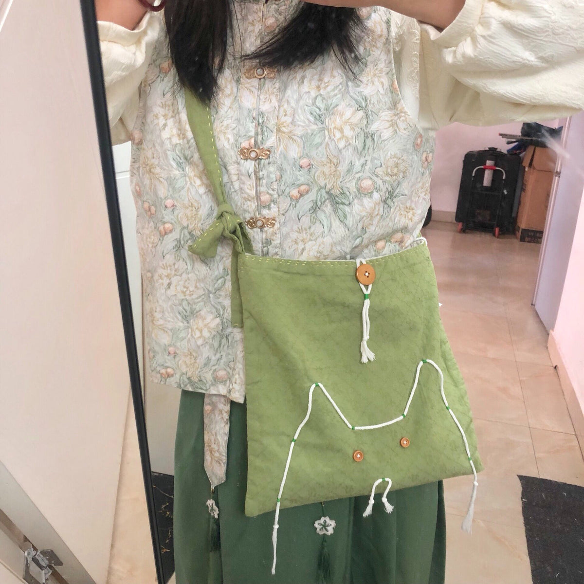 Handmade Cat Face Canvas Crossbody Bag