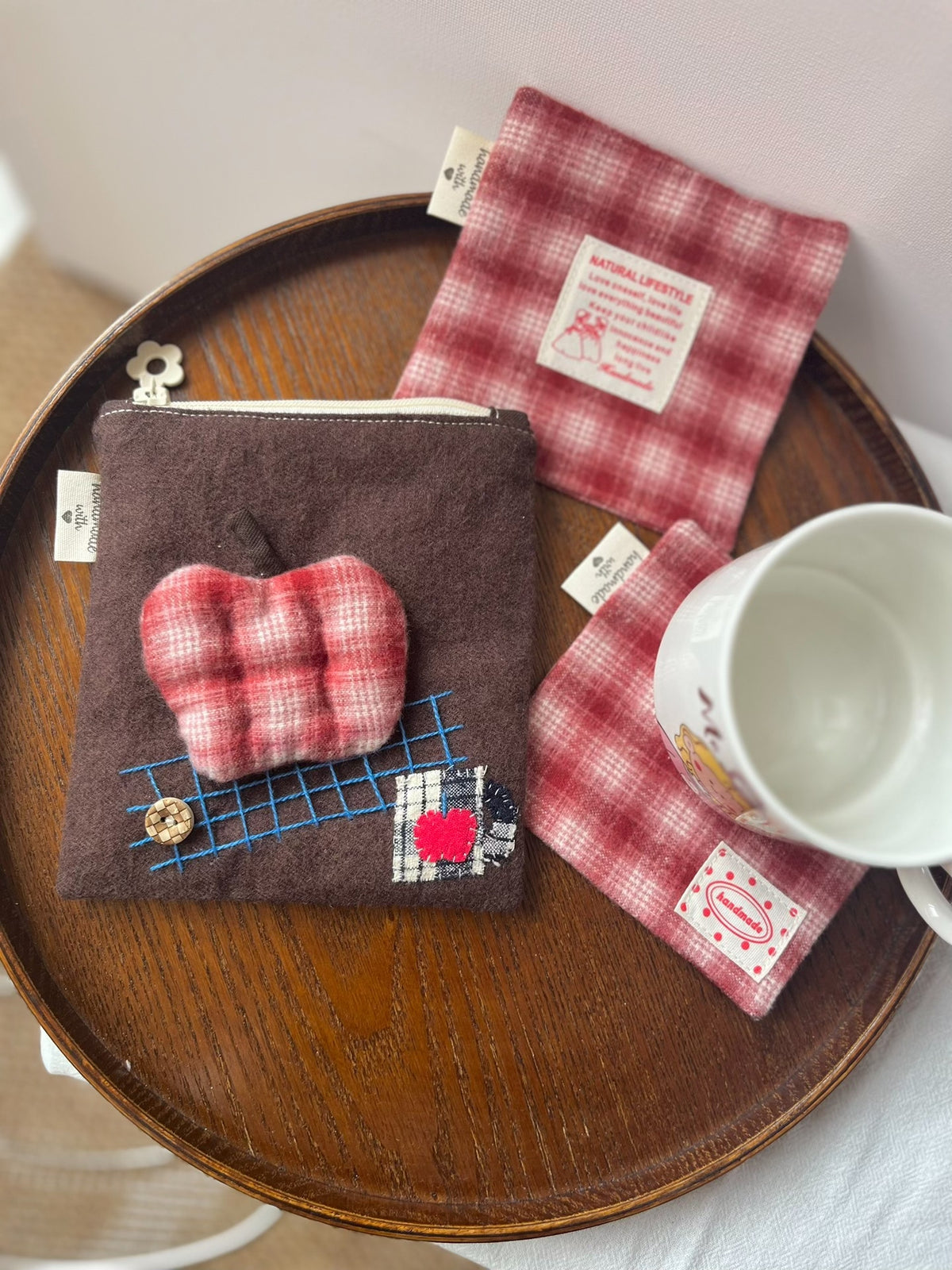 Handmade Apple Pouch with Red Plaid Cup Mats