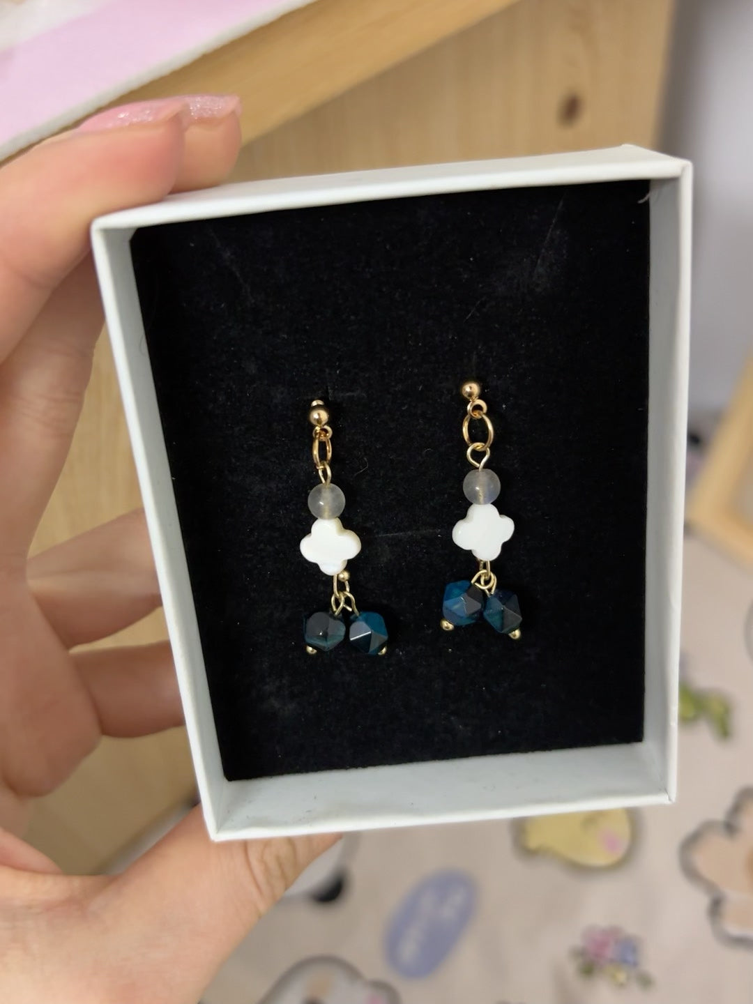 Handmade Dangle Earrings Blue White Bead Clover