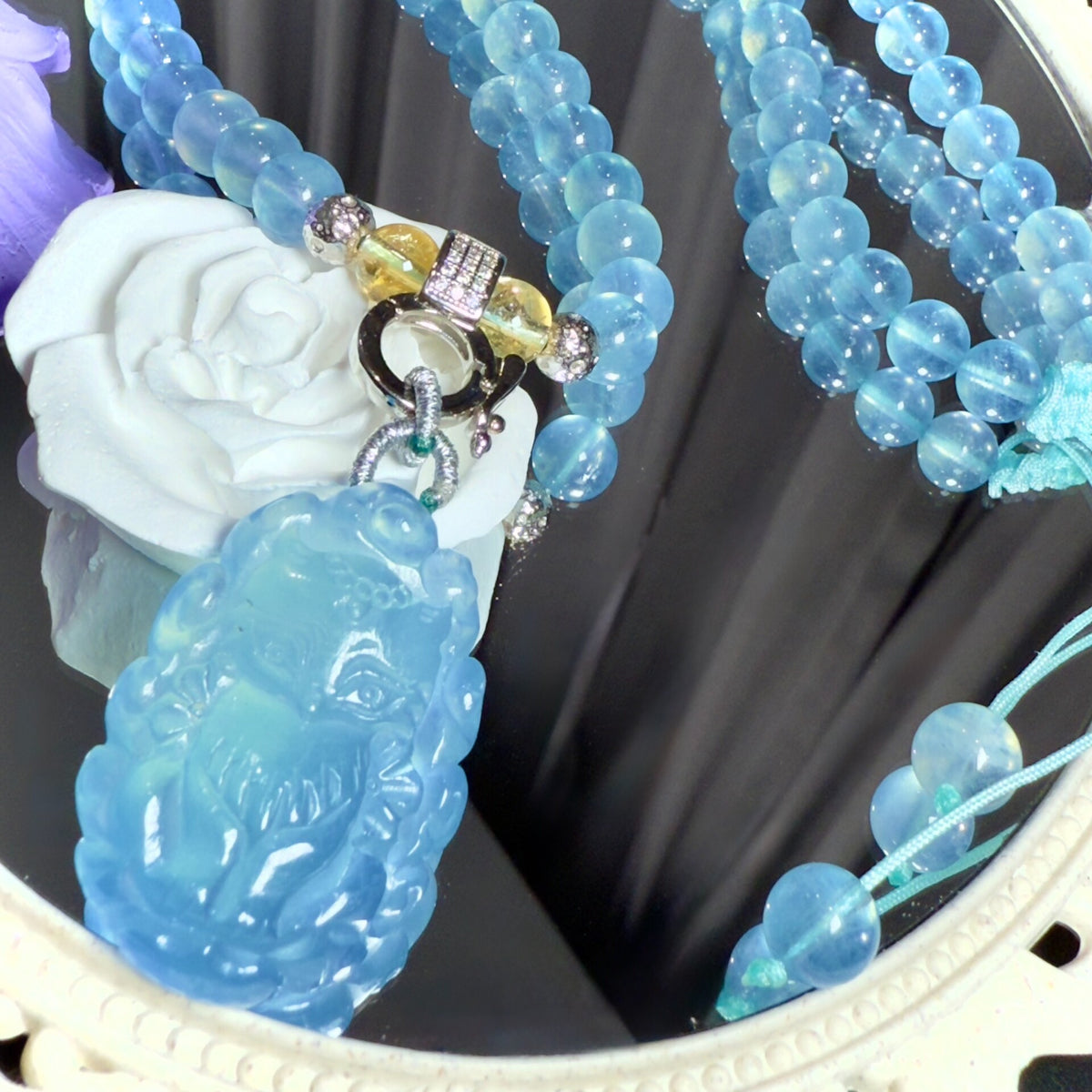 Natural Aquamarine Fox Pendant Necklace Set