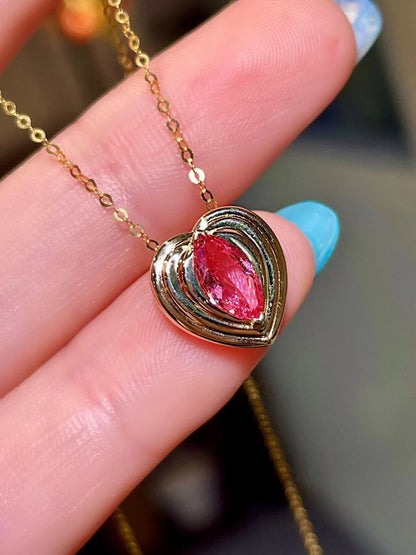 18k Gold Heart Pendant with Marquise-Cut Pinkish-Red Gemstone